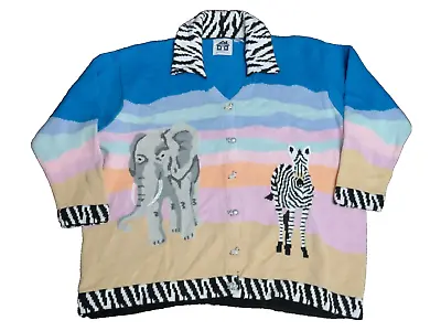 Vintage Storybook Knits Womens Zebra Elephants Safari Size 3X Cardigan Sweater • $69.99