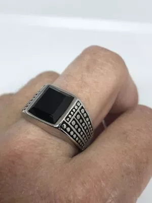 1980's Vintage Silver Stainless Steel Size 12 Men's Genuine Black Onyx Ring • $44