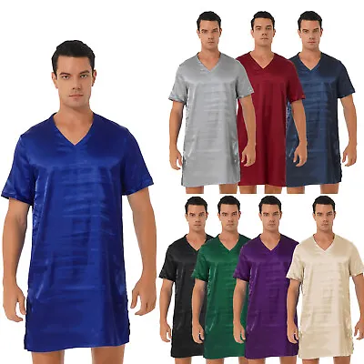 US Mens Silk Satin Nightshirt Nightgown Short Sleeve V-neck Lounge Top Sleepwear • $12.77