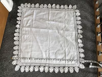 VINTAGE Square White Cotton Tablecloth Handmade Crochet Edge 31 X 31  Inch • $7.40