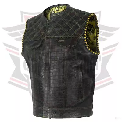 Crocodile Black Leather Vest Paisley Lining Motorbike Concealed Waistcoat Anaaz • $52.80