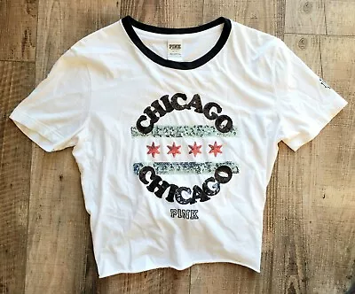 PINK VICTORIA SECRET Women Sz Small Chicago Flag Sequins Bling Cropped T Shirt  • $16.99