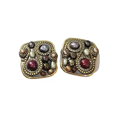 Michal Golan Clip On Earrings Gray Red Brown Enamel  Gold Tone Square  Signed • $69.95