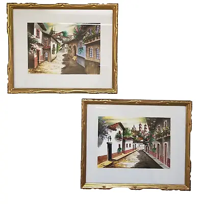 Vintage Pair Framed Pueblo Streets Watercolors Signed Marco Ruiz Mexican Artist • $67.48