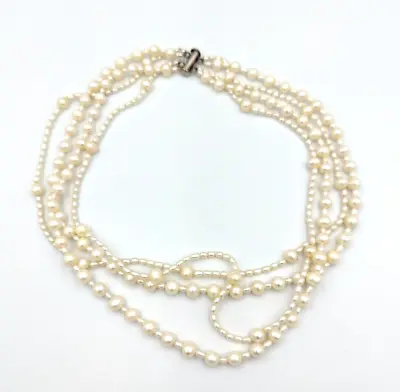 Vintage 4 Strands Genuine Freshwater Pearl Necklace 925 Sterling Silver Clasp • $60