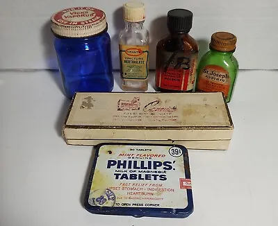 4 Vintage Medicine Bottles Old Prescription Box And Tin • $49