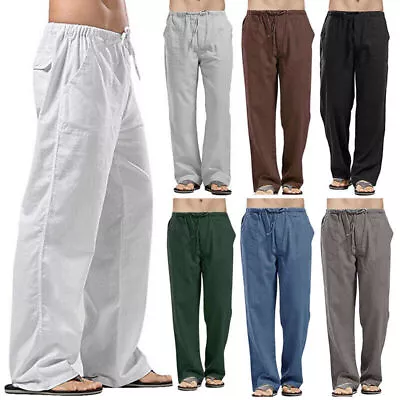 Mens Summer Beach Loose Cotton Linen Pants Yoga Drawstring Elasticated Trousers • £10.88