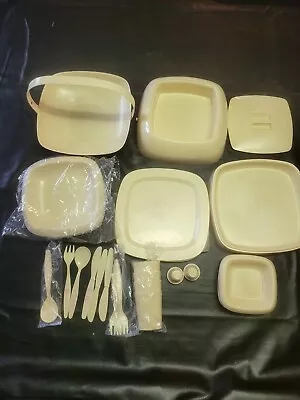 70's Vintage Picnic Master Set Plates Cups Bowls Utensils Salt Shaker Tan • $14.39