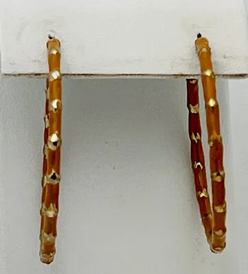 Vintage 1980-90s Gold Tone Tan Enamel Bamboo Hoop Pierced Earrings • $22.99