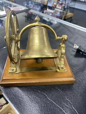 Nice Vtg Heavy Brass Ship's Bell With Mount Pulley Wheel Desk Bell On Wood Base! • $49.97