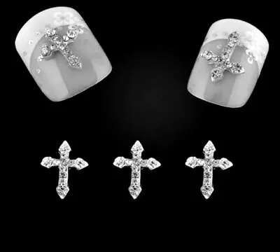 Crystal Rhinestone Cross 3D Nail Art Set Of 5 Glass Silver Charm Christian Jesus • $11.99