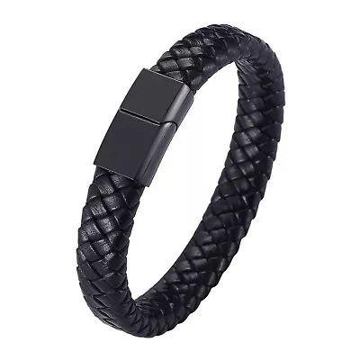 Black Bracelet Men's Braided Leather Bangle Stainless Steel Cuff Wristband • $6.49