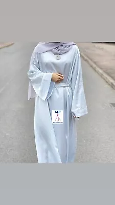 Womens Ladies Plain Satin Abaya With Pockets Belt Tie In Light Grey • £19.99