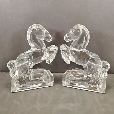 L. E. Smith Glass Horse Bookends Clear Mid Century MCM 8  Western Large Vintage • $27.98