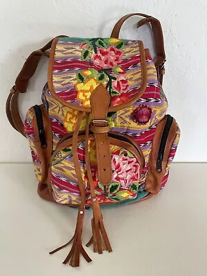 Embroidered Mexican Floral Backpack Leather Trim Tan Boho  14  X 14  Pockets • $39.99