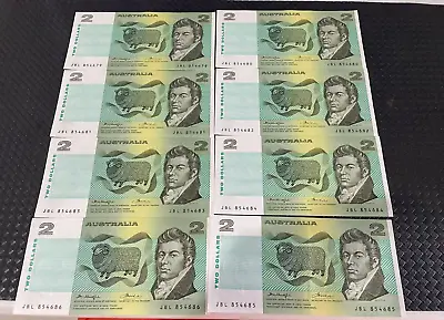 8 X Consecutive 1976 $2 Two AUSTRALIA Banknotes KNIGHT/WHEELER Side Thread AUNC • $120