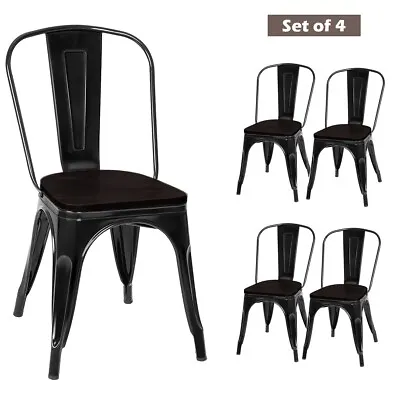 4X Stackable Dining Chairs Industrial Bar Stool Solid Wood & Metal Bistro Chair  • £129.95