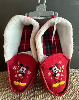 Disney Mickey Mouse Moccasin  Slippers Fuzzy  Red/White Plaid Men 5/6 Womens 7/8 • $17.07