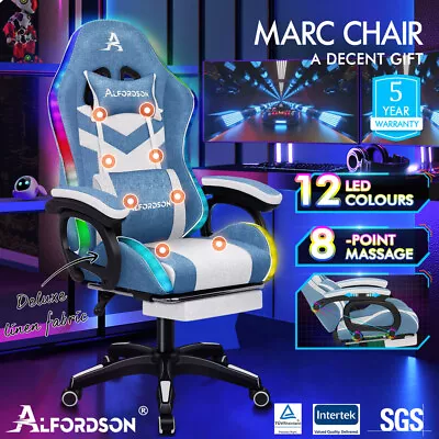 ALFORDSON Gaming Chair Office 12 RGB LED Massage Computer Fabric Seat Blue • $179.95