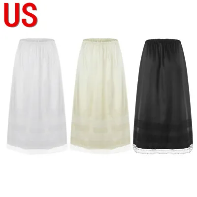 US Women's Half Slips Long Satin Underskirt Lace Slip For Under Dress Extender • $6.99