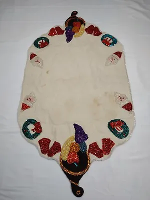 Vintage Table Runner Sequin Christmas Santa/Wreath/Bell/Cornucopia 34  X 17 3/4  • $8