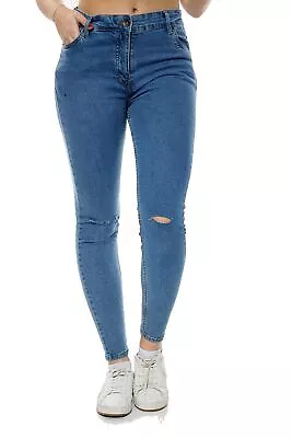 Womens Skinny Slim Fit Jeans Girls Denim Trouser Pant Bottom Knee Ripped Jeans • £9.99