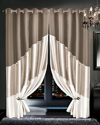 Designer FAUX SILK Curtains Fully Lined Eyelet Ring Ready Made Shiny Pair • £30.89