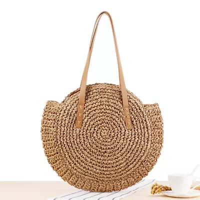 Women Boho Woven Handbag Summer Beach Tote Straw Bag Round Rattan Shoulder • £10.99