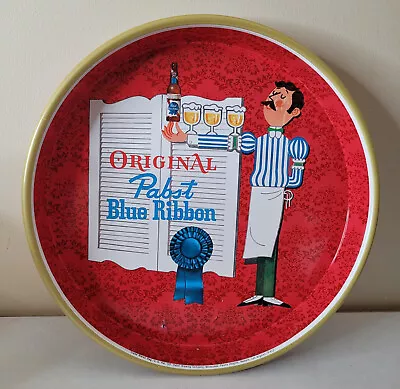 Pabst Blue Ribbon Beer Waiter Graphic 13  Round Vintage Metal Serving Tray • $22.95