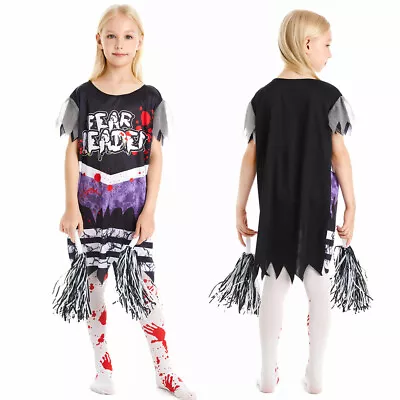 Kids Costume Zombie Cheerleader Fancy Dress Cosplay Halloween Party Outfit Set • £17.66