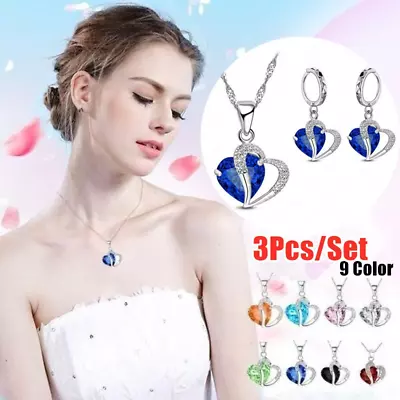 10 Color Heart Shaped Zircon Silver Earring Heart Pendant Necklace Jewelry Set • $2.17