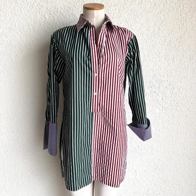 £9.83 • Buy Zara Tunic Contrast Shirt XS Green Red Stripe Long Sleeve Button Front High Low