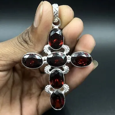 Mozambique Garnet Gemstone 925 Sterling Silver Jewelry Handmade Cross Pendant • £13.86