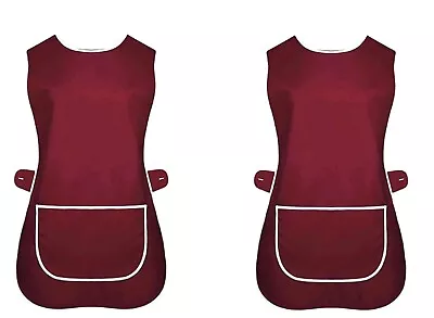 PAIR OF Top Quality Ladies Home Work Tabard  Apron With  Pocket Burgundy Carmine • £9.99