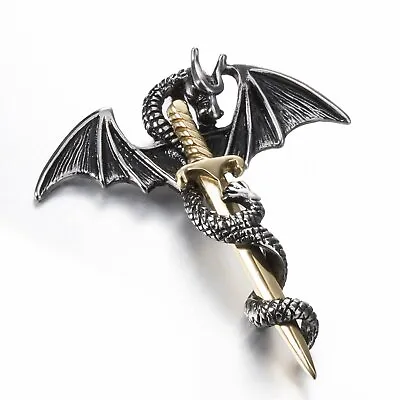 Vintage Mens Sword Cross Dragon Pendant Necklace Gold Stainless Steel Jewelry • $7.99