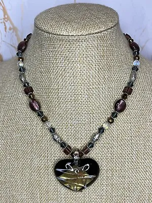 Retro Purple & Grey Murano Glass Bead Heart Pendant Statement Necklace 1238 • £7.19