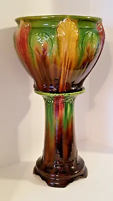 Antique Brush McCoy Multicolored  Drip Glazed Large Jardiniere & Pedestal • $600