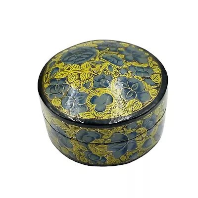 Vintage Paper Mache Trinket Box Blue Green Floral Round India Made Jewelry Box • $15