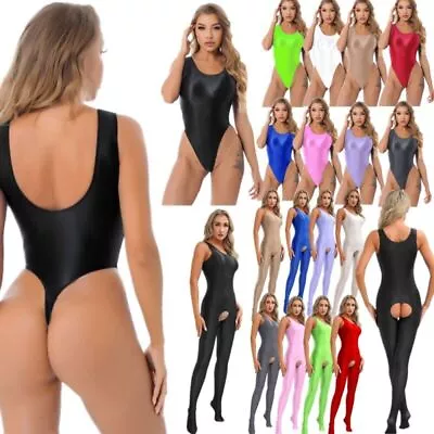 Women's Shiny Glossy Low Back Bodysuit Monokini Swimsuit Sports Workout Leotard • $6.77