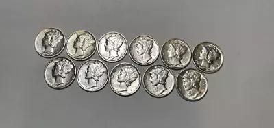 Lot Of 11 1940 To 1945 U.S. .90 Silver  AU To Uncirculated Mercury Dimes • $40