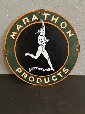 Marathon Gasoline Running Indian Vintage Gas Oil Pump Porcelain Sign • $49.99