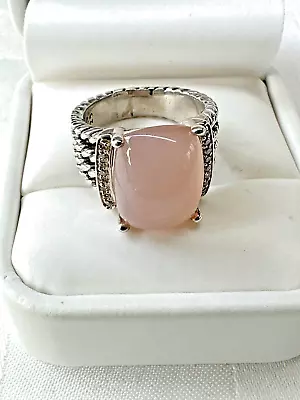 David Yurman 16x12mm Wheaton Pink Chalcedony & Silver & Pave Diamond Ring Sz 7 • $359.99