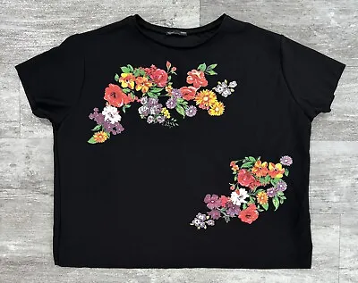 Zara Floral Womens Black T Shirt Size XL Stretch Great Condition • $12.49