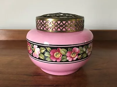 Vintage  Falcon Ware Pink Pottery Rose Bowl With Floral Band And Metal Frog • £25