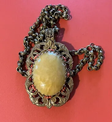 RARE Signed MIRIAM HASKELL 22” Pendant Faux Amber & Coral Gilt Baroque Necklace • $300