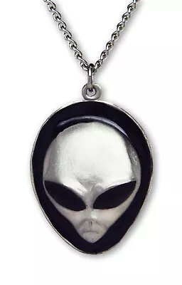 Alien Head With Black Enamel Accents Pewter Pendant Necklace NK-249B • $12.99