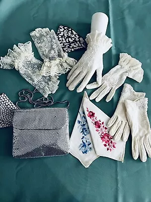 Vintage Lot Ladies Lace & Beaded Gloves Hankies Silver Mesh Purse Bag V Stevens • $18