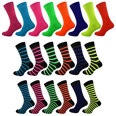 Mens Neon Socks 6-11 Bright Colour Heel Toe Bassett & Rugby Stripe 60s 70s 80s • £3.47