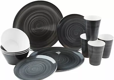 Melamine Dinner Set 16-Piece Plate Bowl & Tumbler Set For 4 Picnic Crockery Grey • £39.99