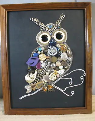 Recycled Upcycled Vintage Jewelry Art Gold Framed Owl Design One-of-a-Kind! • $49.99
